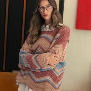 NWT Striped Knit Zig Zag Sweater in Rose, tan & Blue Extra Large XL